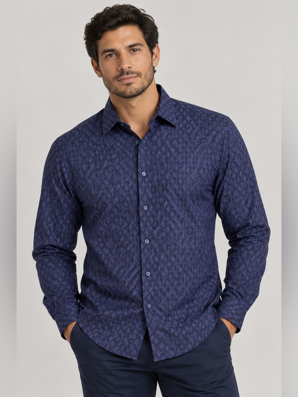 Bugatchi Men's Patterned Dress Shirt Deep Blue Size Large